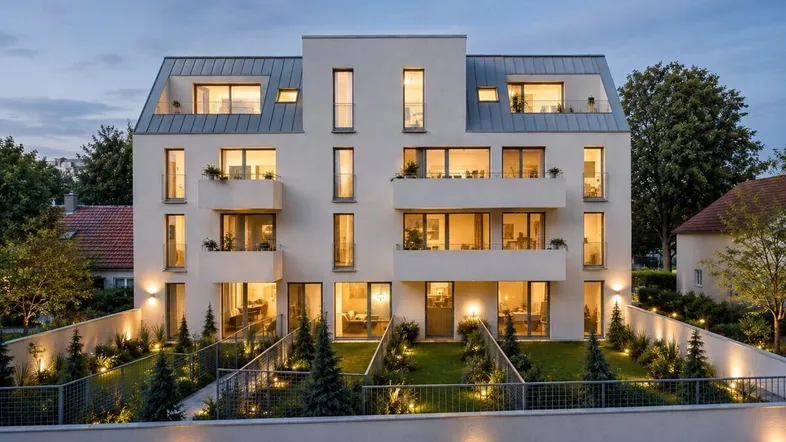 Moderne Wohnanlage bei Dämmerung mit beleuchteter Fassade, Balkonen und gepflegten Gärten.