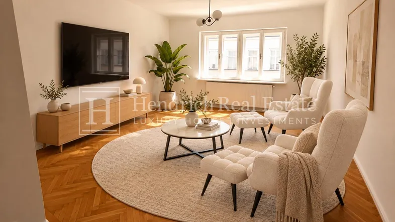 Helles Wohnzimmer mit Fischgrätparkett, modernen Möbeln und Blick ins Grüne.