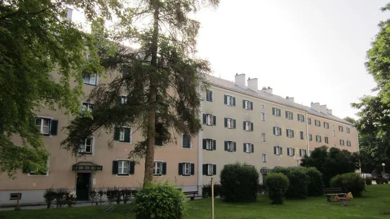 Mehrfamilienhaus mit heller Fassade, grünen Fensterläden und gepflegter Grünanlage mit Bäumen.