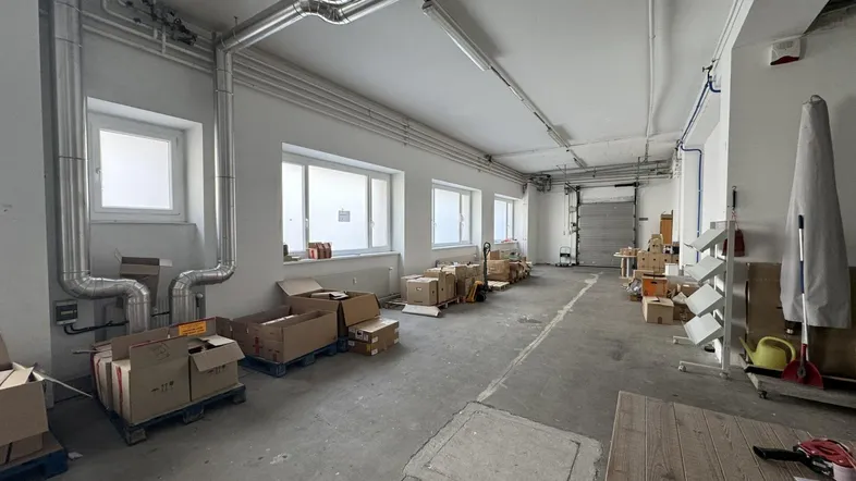 Großer Lagerraum mit sichtbaren Rohren, mehreren Fenstern und Betonboden, bereit für die Nutzung.