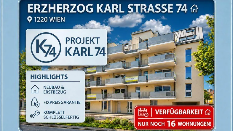 Modernes Mehrfamilienhaus mit Balkonen und Dachfenstern, beworben als Neubau in Wien.