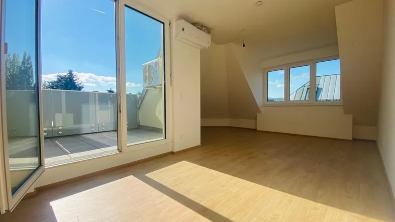 Helles Wohnzimmer im Dachgeschoss mit Zugang zur Terrasse und Blick ins Freie.