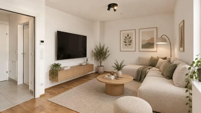 Modernes, helles Wohnzimmer mit beigem Sofa, Holzboden und stilvoller Dekoration.