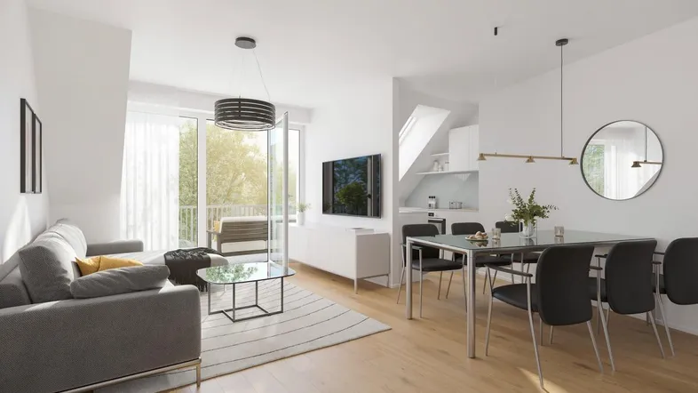 Helles, modernes Wohn-Esszimmer mit Holzboden, Balkonzugang und integrierter Küchenzeile.