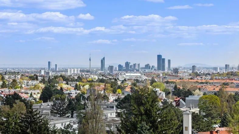 Stadtpanorama mit Blick auf die Skyline und grüne Umgebung unter blauem Himmel.