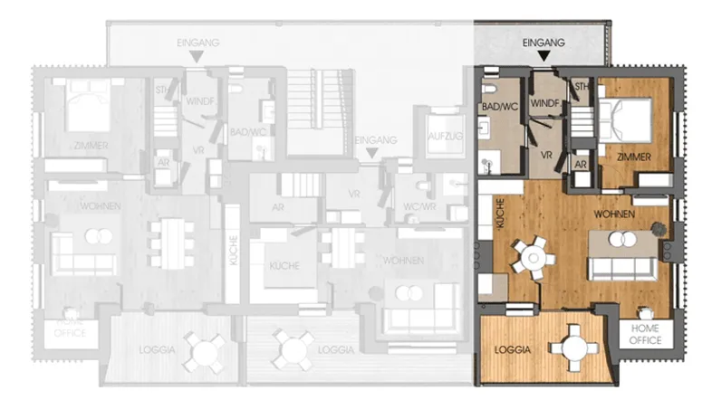 Detaillierter Grundriss einer Wohnung mit Schlafzimmer, Wohnbereich, Küche und Loggia.