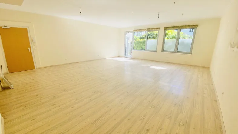 Heller, leerer Raum mit großen Fenstern, die viel Tageslicht hereinlassen und Blick ins Grüne bieten.