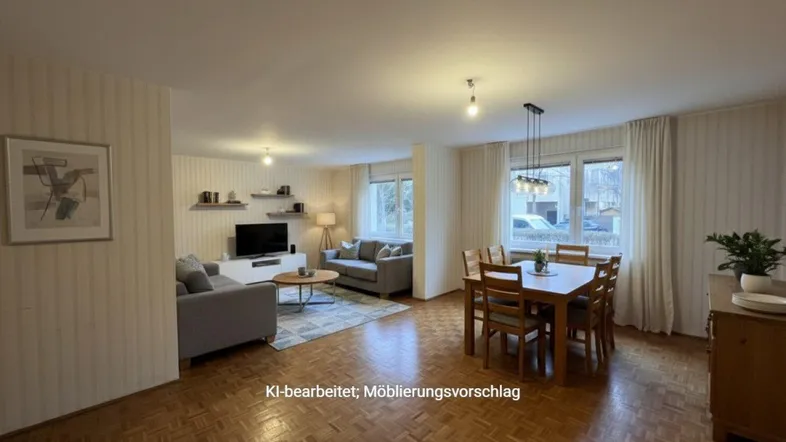 KI-bearbeiteter Möblierungsvorschlag für einen offenen Wohn-Essbereich mit Parkettboden und großen Fenstern.