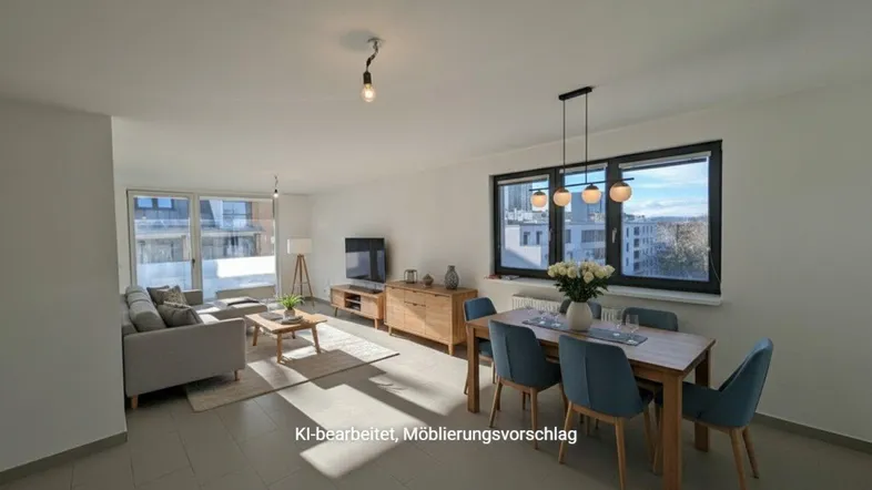Helles, offenes Wohn- und Esszimmer mit modernen Möbeln und Blick auf die Stadt.