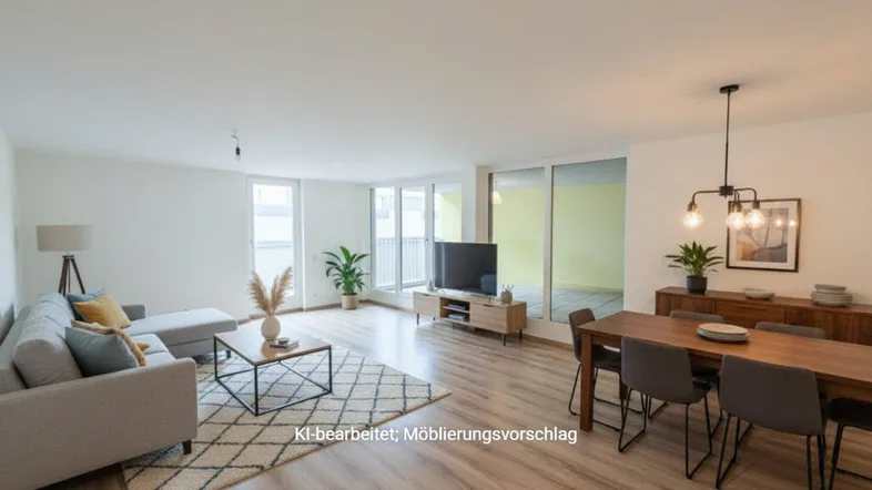 Geräumiger, lichtdurchfluteter Wohn-Essbereich mit modernem Mobiliar und Zugang zum Balkon.