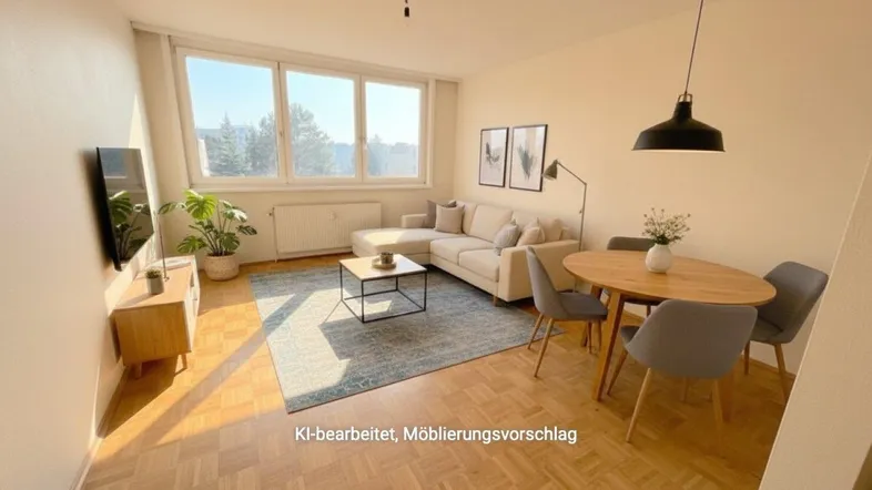 Heller Wohn-Essbereich mit Parkettboden, großen Fenstern und modernem Möblierungsvorschlag.