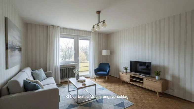 Helles Wohnzimmer mit Parkettboden, Balkonzugang und moderner Möblierung als Vorschlag.