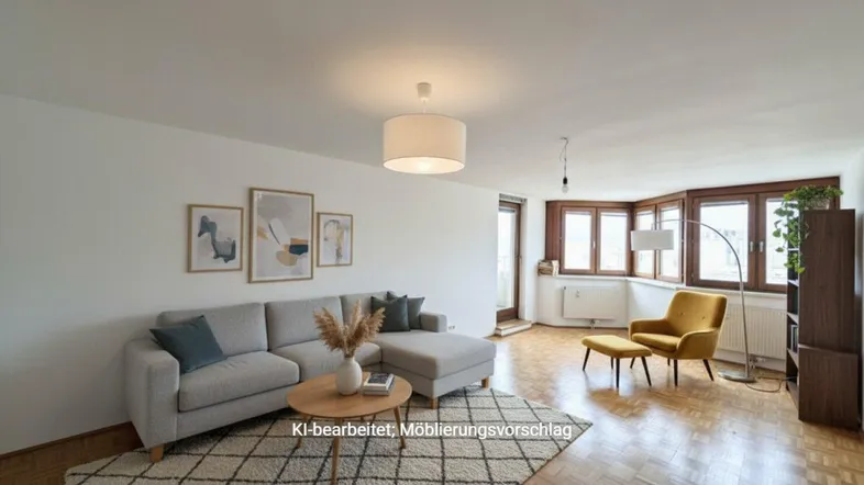 Helles Wohnzimmer mit Parkettboden und großen Fenstern, möbliert als Einrichtungsvorschlag.
