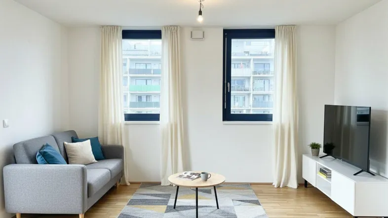 Helles Wohnzimmer mit Parkettboden, modernem Teppich und Blick auf gegenüberliegende Gebäude.