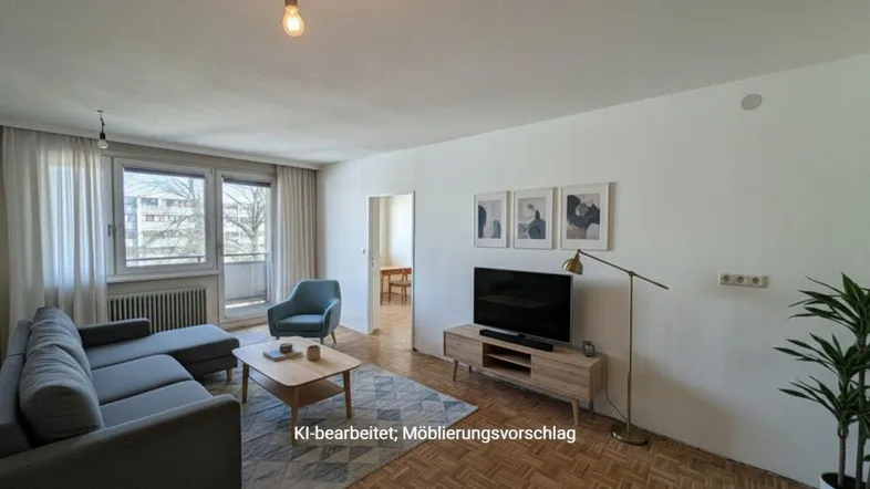 Helles Wohnzimmer mit Parkettboden, Balkonzugang und modernem Möbelvorschlag.