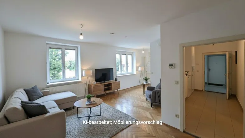 Helles Wohnzimmer mit Fischgrätparkett und modernen Möbeln, durch KI bearbeitet und möbliert.