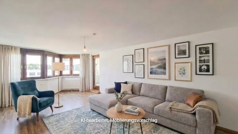 KI-bearbeitetes Wohnzimmer mit gemütlichem Sofa, Sessel und einem Teppich, der den Raum aufwertet.