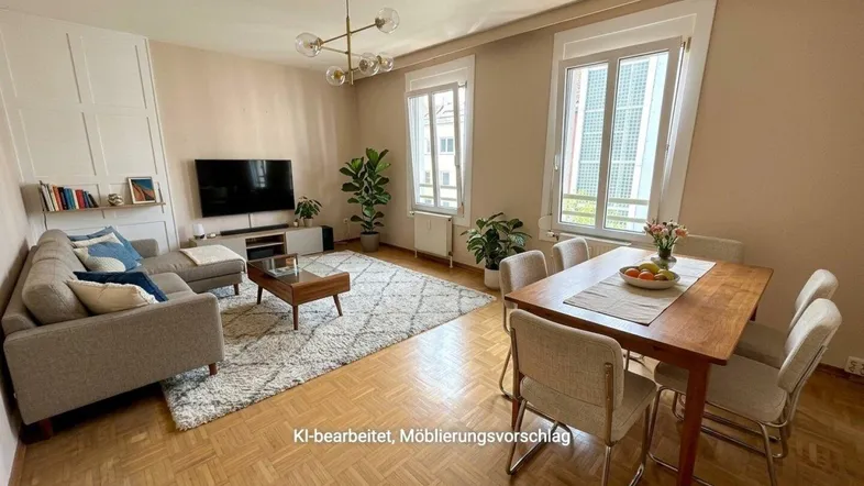 Helles Wohn- und Esszimmer mit Parkettboden und moderner Einrichtung, inklusive Möblierungsvorschlag.