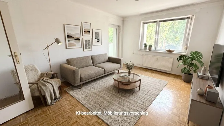 Helles Wohnzimmer mit Parkettboden, modernem Möblierungsvorschlag und Blick ins Grüne.