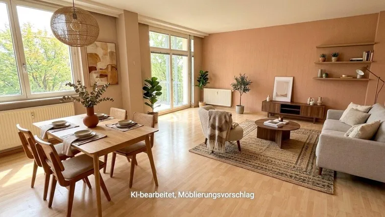 Helles, virtuell möbliertes Wohn-Esszimmer mit Parkettboden und Zugang zum Balkon.