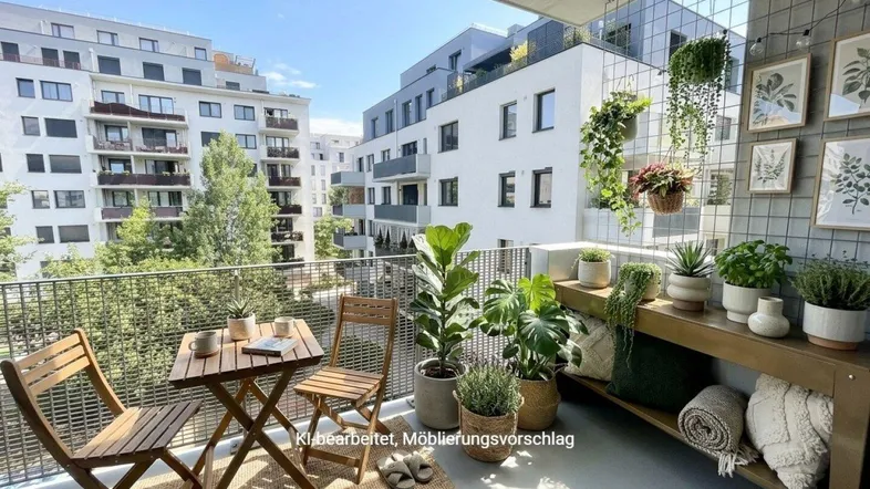 Möblierter Balkon mit Pflanzen und Blick auf moderne Wohngebäude in sonniger Umgebung.