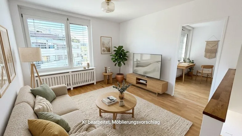 Helles Wohnzimmer mit Holzboden und modernem Mobiliar, offen zu einem Essbereich.