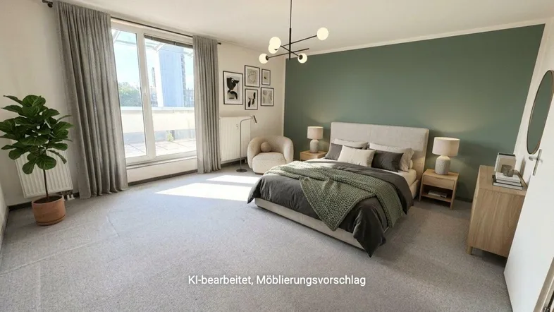 Helles Schlafzimmer mit modernem Design, grüner Akzentwand, großem Fenster und Zugang zum Balkon.