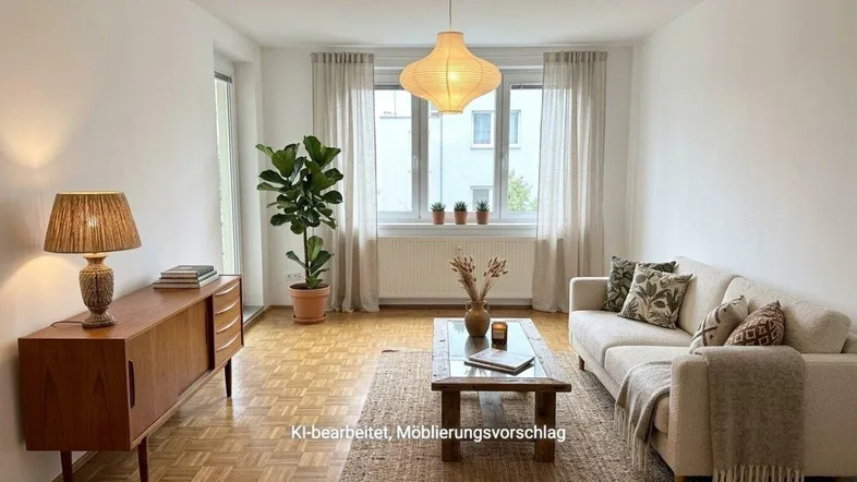 Helles Wohnzimmer mit Parkettboden, großen Fenstern und moderner Einrichtung.