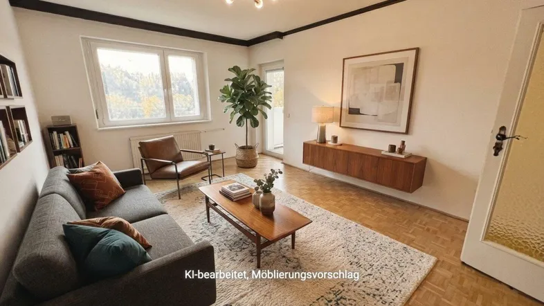 Helles Wohnzimmer mit modernem Mobiliar, Parkettboden und Blick ins Grüne durch große Fenster.