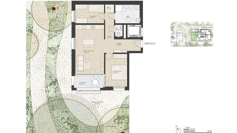 Grundriss einer Wohnung mit offenem Wohnbereich, einem Schlafzimmer, Loggia und privatem Gartenanteil.