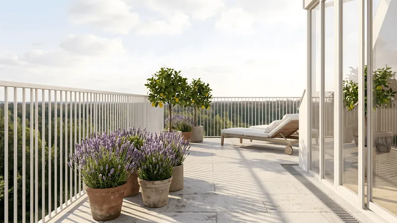 Große Dachterrasse mit Liegestuhl, Pflanzen und weitem Blick über die grüne Landschaft.