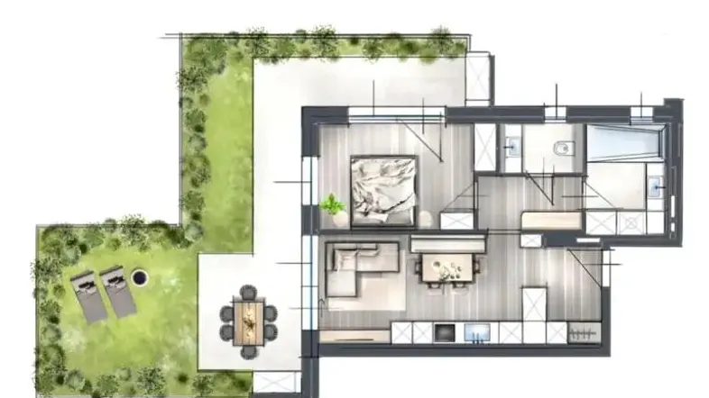 Grundriss einer modernen Wohnung mit offenem Wohnbereich, Schlafzimmer und großem Garten.