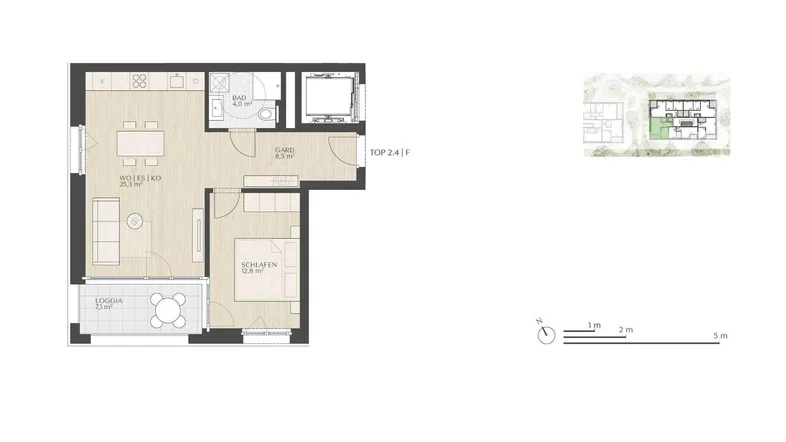Grundriss einer modernen Wohnung mit offenem Wohnbereich, Schlafzimmer, Bad und Loggia.