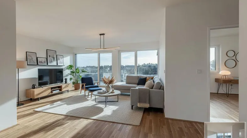 Helles Wohnzimmer mit Parkettboden, moderner Einrichtung und Zugang zum Balkon mit Weitblick.