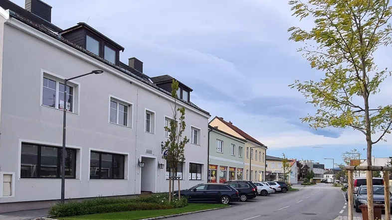 Blick auf die Straße mit geparkten Autos und Gebäuden in einer städtischen Umgebung.