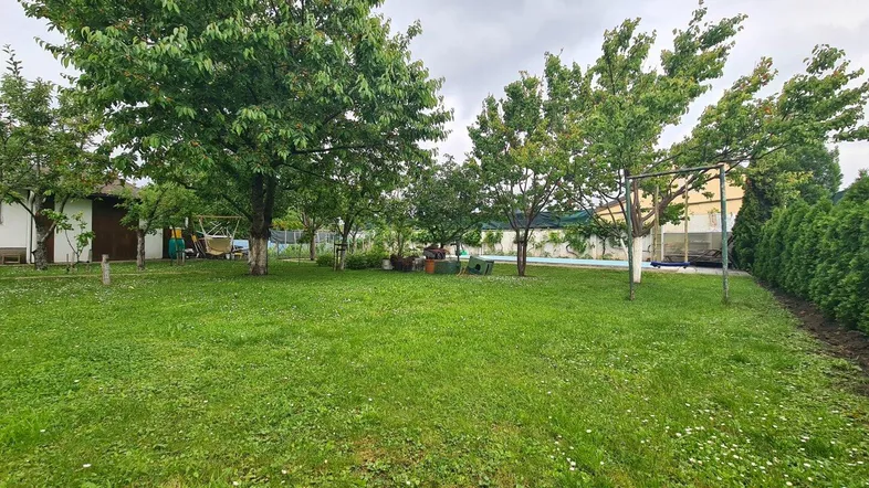 Weitläufiger Gartenbereich mit gepflegtem Rasen, Obstbäumen und einem Pool im Hintergrund.