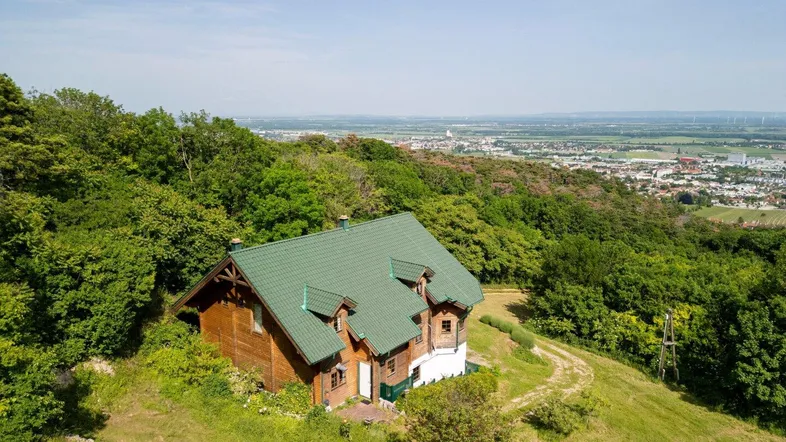 Luftaufnahme eines charmanten Holzhauses mit grünem Dach, umgeben von Wald und mit Fernblick.