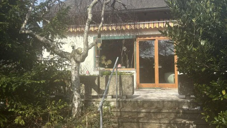 Eingangsbereich des Hauses mit einer kleinen Terrasse und umgebender Vegetation.