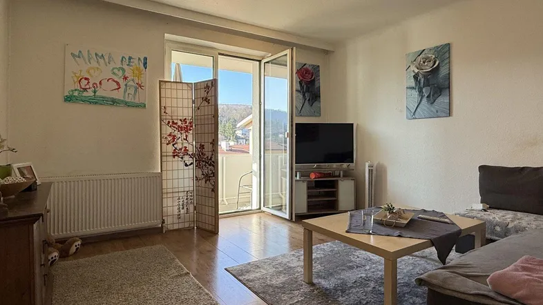 Helles Wohnzimmer mit Holzboden, Teppichen und Zugang zu einem Balkon.