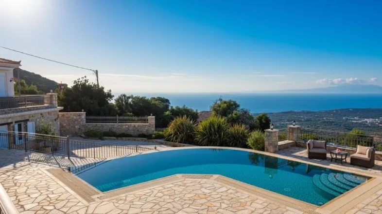 Großzügige Terrasse mit Infinity-Pool, bequemen Sitzgelegenheiten und atemberaubendem Meerblick unter blauem Himmel.