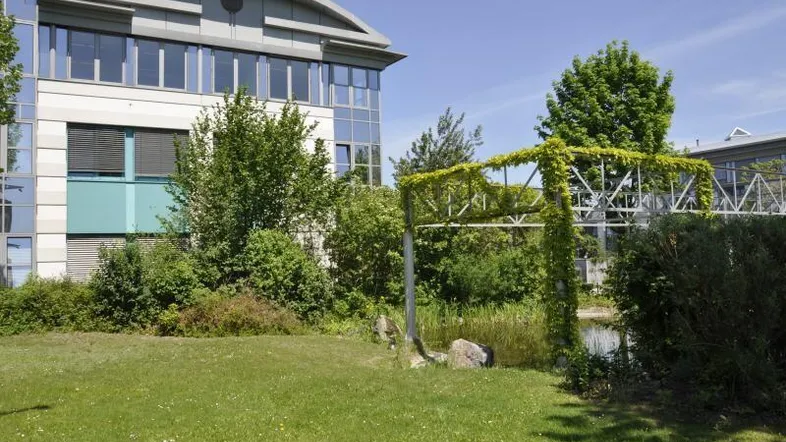 Modernes Bürogebäude mit großen Fenstern, umgeben von Grünflächen und einem kleinen Teich.