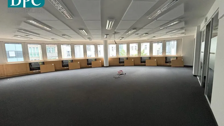Geräumiges Büro mit Teppichboden, vielen Fenstern und integrierten Holzschränken entlang der Wand.