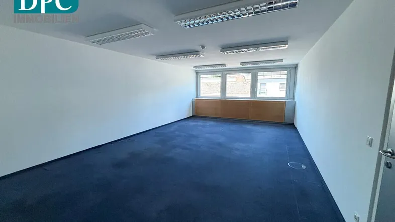Geräumiges, leeres Büro mit blauem Teppichboden, weißen Wänden und großen Fenstern für viel Tageslicht.