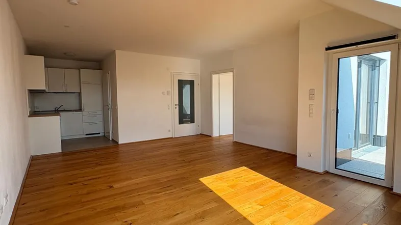Helles Wohn-Esszimmer mit Holzboden und integrierter Küchenzeile, Zugang zur Terrasse.