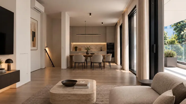 Helles, offenes Wohnzimmer mit integrierter Küche, Essbereich und Zugang zu einem großen Balkon.