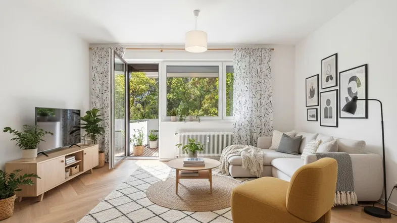 Helles Wohnzimmer mit Fischgrätparkett, modernem Dekor und Zugang zum Balkon.