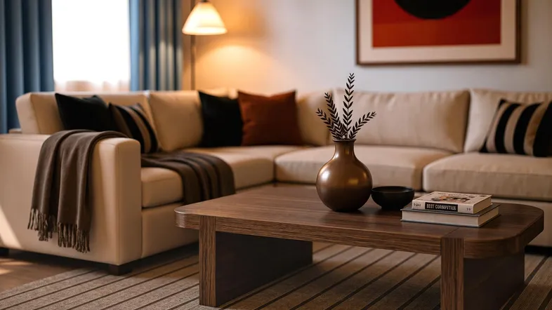 Gemütliches Wohnzimmer mit beigem Ecksofa, Holztisch und modernem Kunstwerk an der Wand.