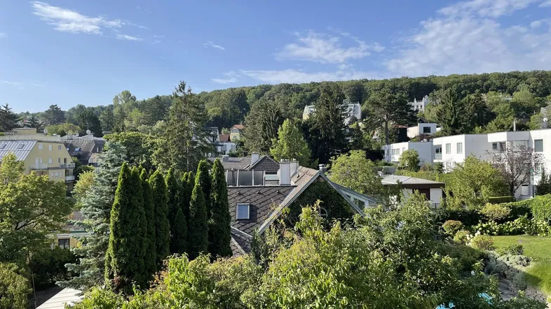 Panoramablick über eine grüne Wohngegend mit vielen Bäumen und Häusern unter blauem Himmel.