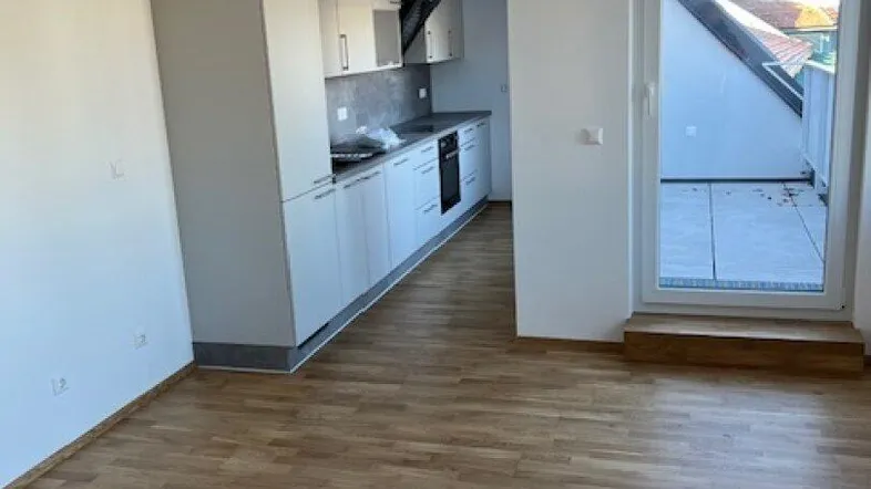 Heller offener Wohnbereich mit integrierter Küche und Zugang zu einer Terrasse.