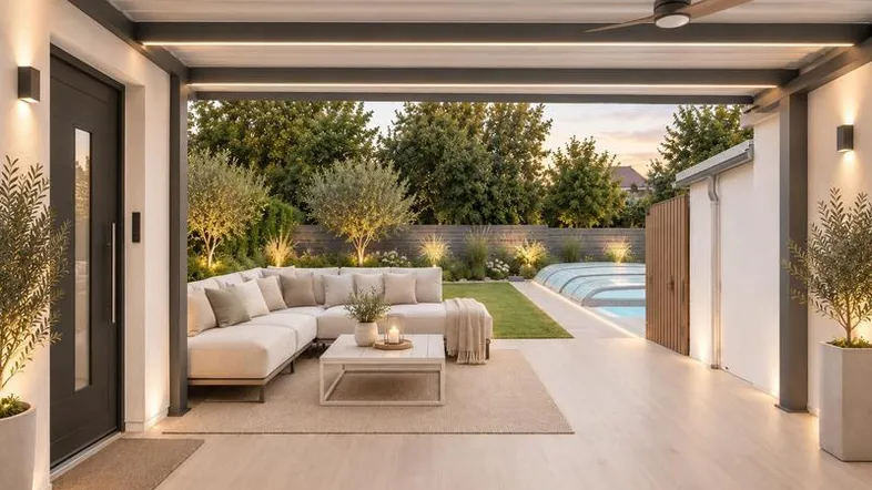 Moderne Terrasse mit bequemer Lounge-Sitzgruppe, stilvoller Beleuchtung und Blick auf den Garten mit Pool.